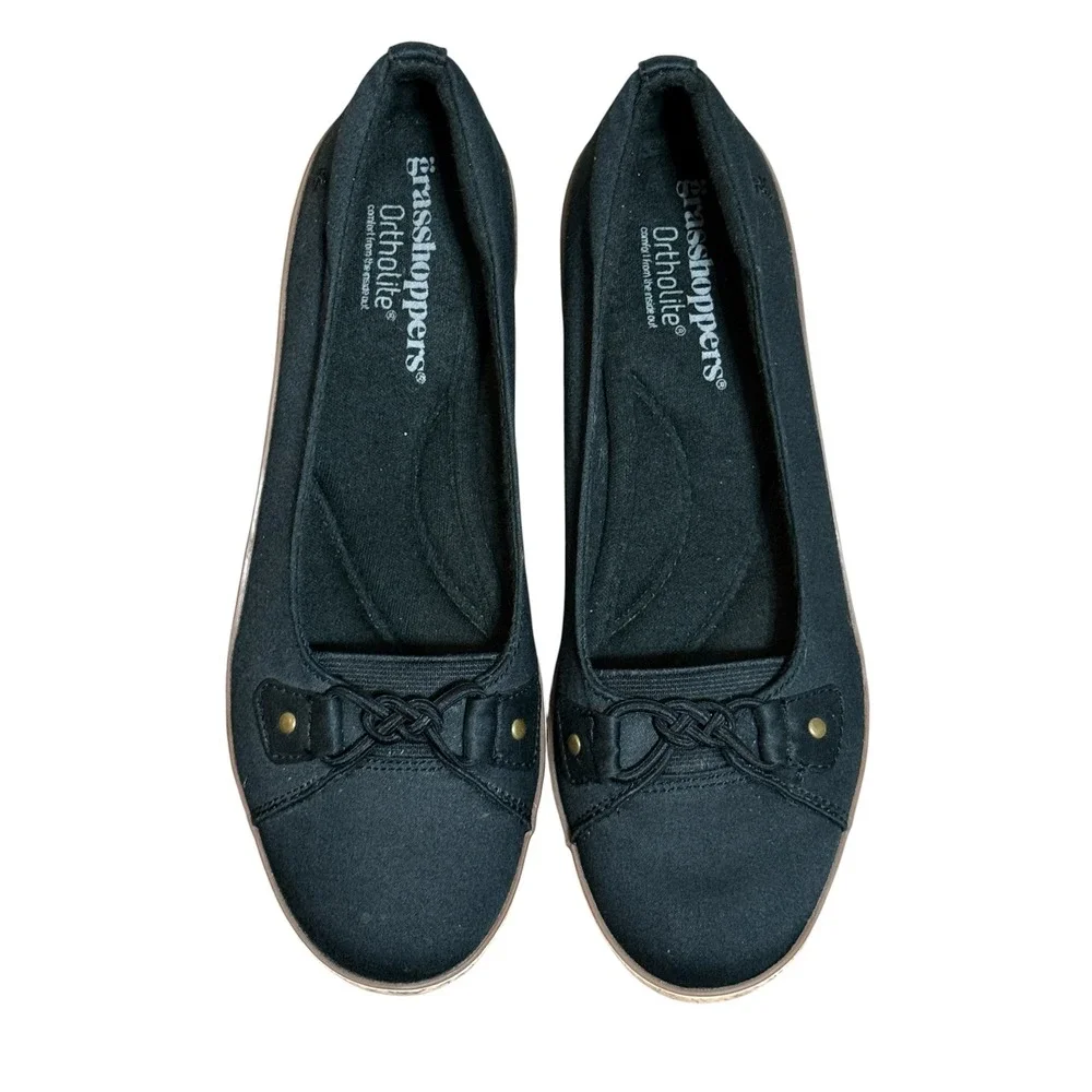Grasshoppers Betty Black Fabric Cork Wedge Ortholite Slip On Shoes EF57920 8M